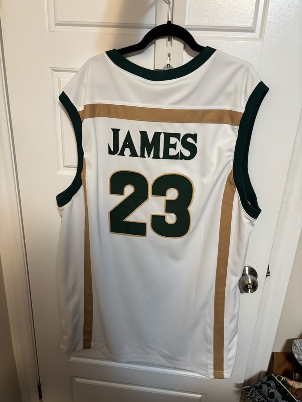 Men's White & Green Basketball Jersey with Gold Accents - 23 LeBron James
